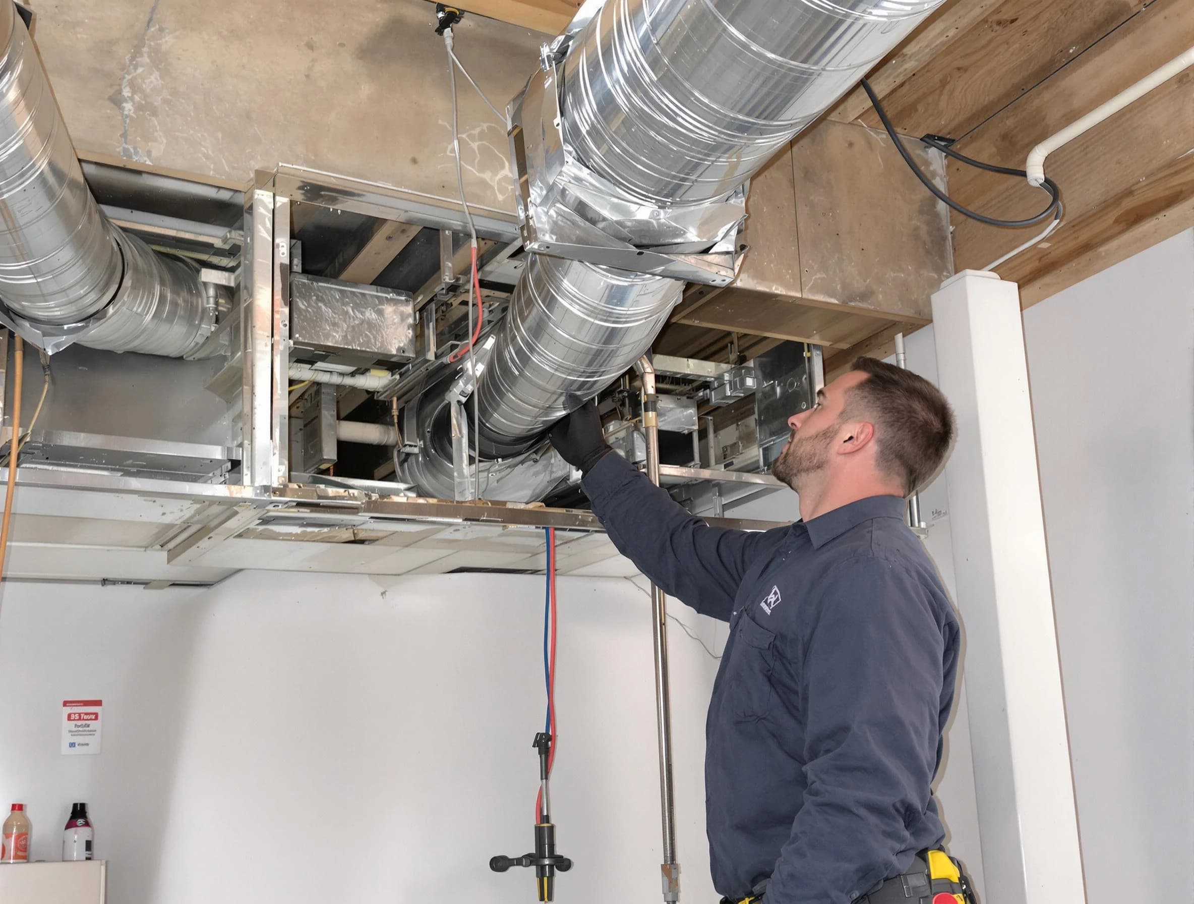 Huntington Beach Air Duct Cleaning technician performing professional air duct repair using specialized tools in Huntington Beach