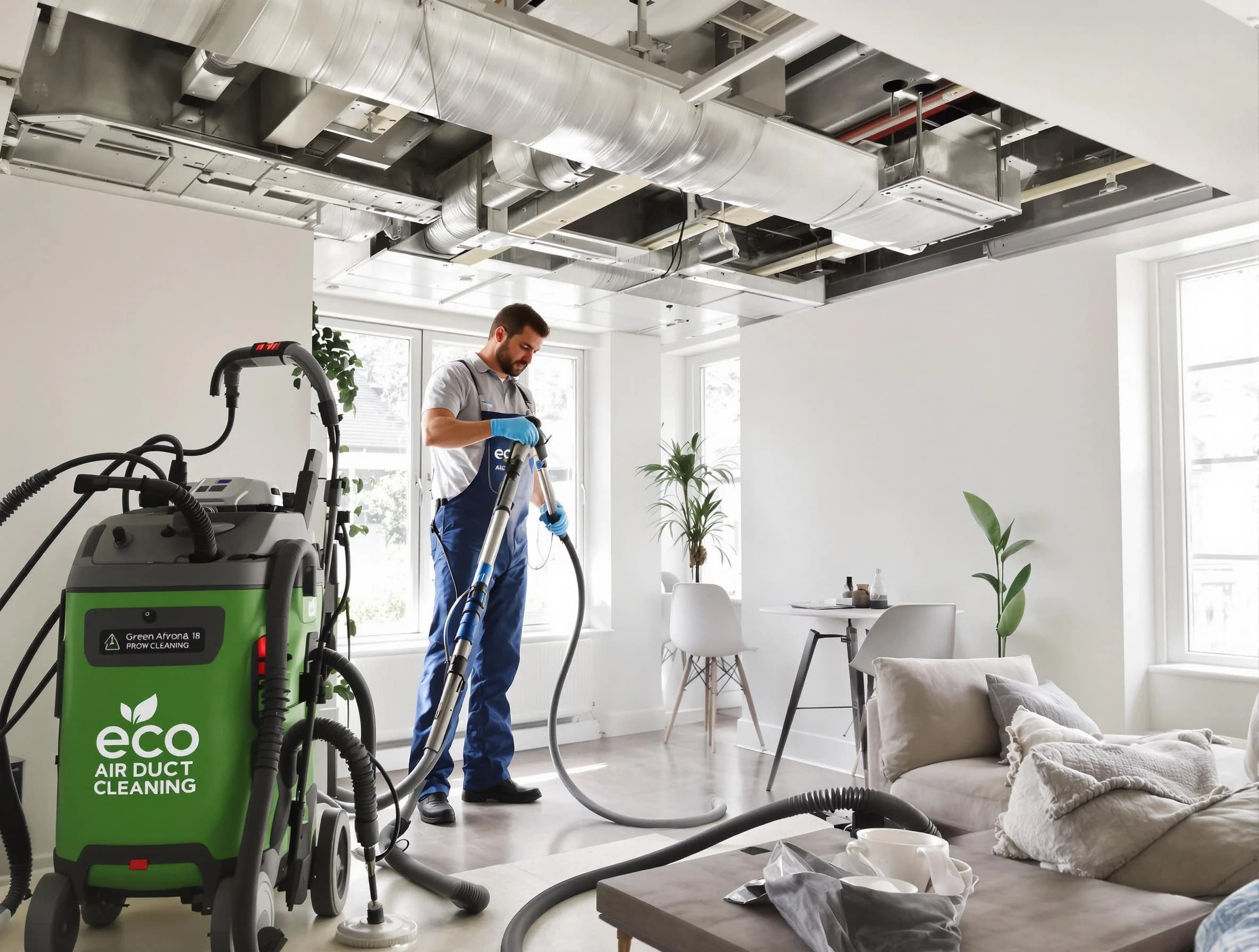 Huntington Beach Air Duct Cleaning technician performing eco-friendly duct cleaning using sustainable methods in Huntington Beach