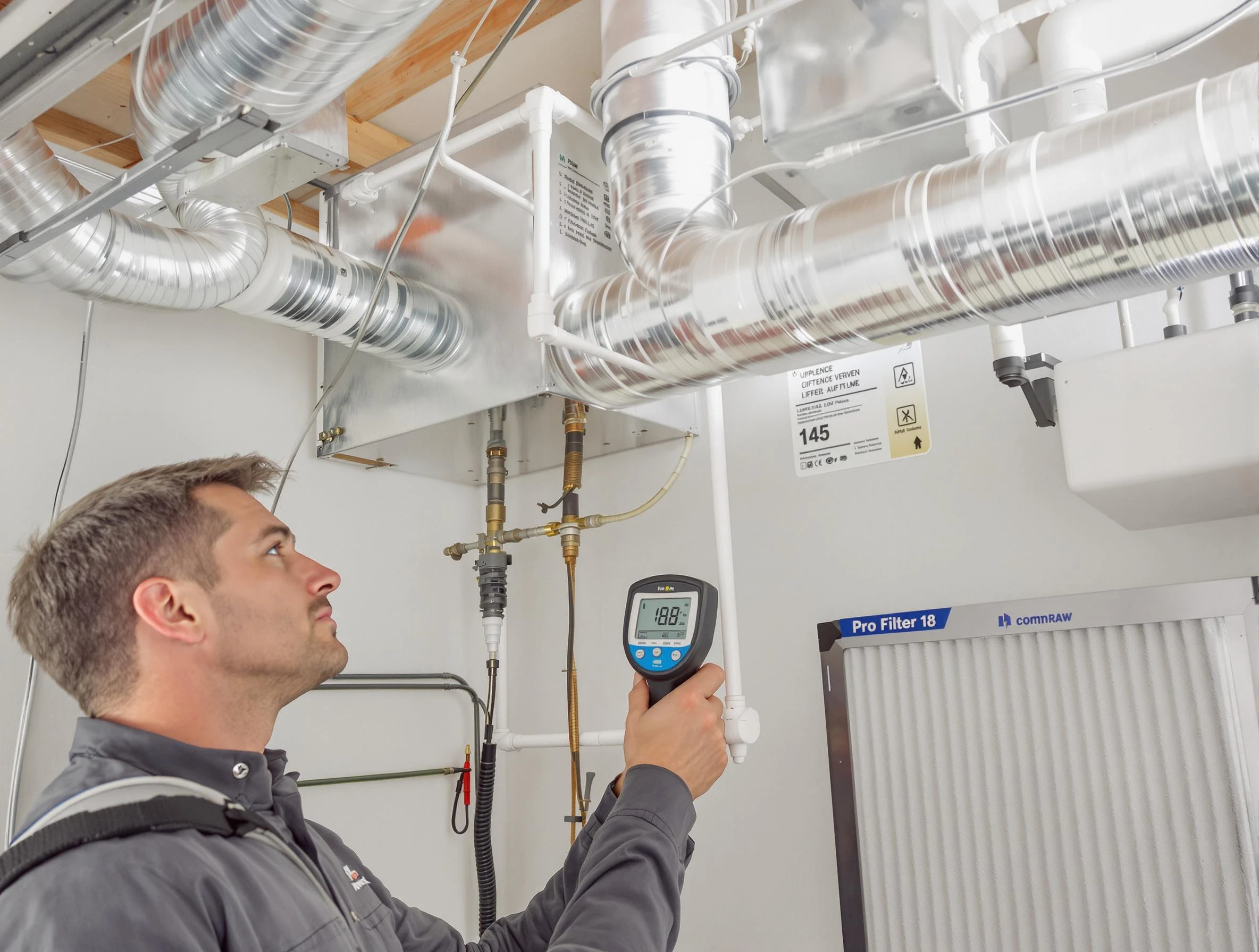 Huntington Beach Air Duct Cleaning expert conducting detailed filter system inspection using diagnostic tools in Huntington Beach